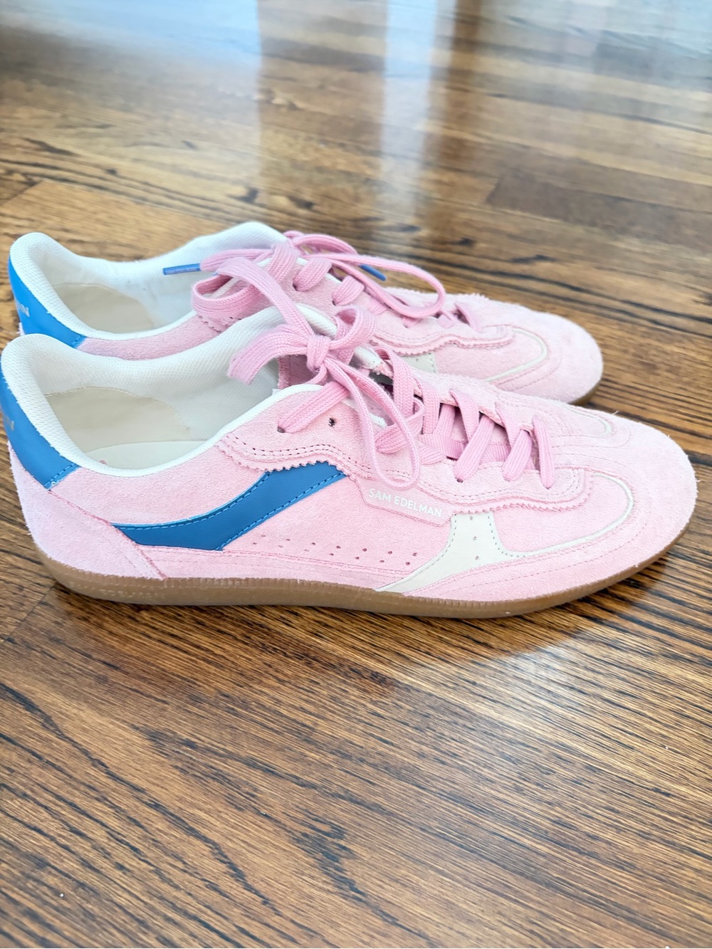 Sam Edelman Pink Suede Low-Top Sneakers with Blue Heel Accent